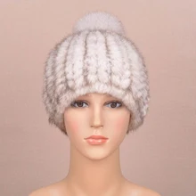 Зимняя натуральный мех норки шапка с лисьим шариком, натуральный мех норки вязаная шапка BE1440