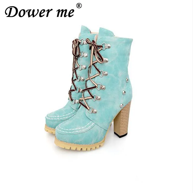 

2017 Rivets Punk Style Gladiator Boots for Women Lace Up High Spike Heels Boots Ankle Boots Thick Heels Martin Boots Woman