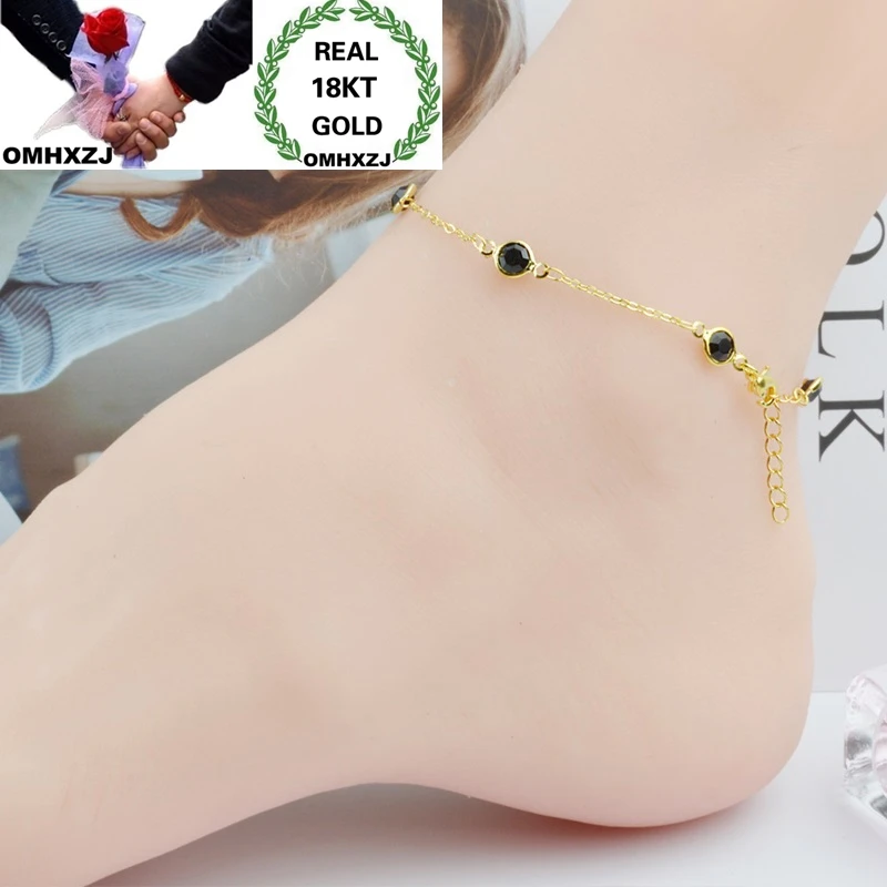 

OMHXZJ Wholesale European Fashion Woman Girl Party Birthday Wedding Gift Vintage Slim Black Blue Zircon 18KT Gold Anklet JL11