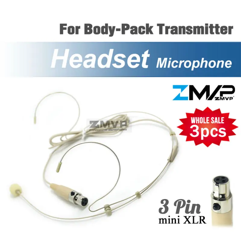 

Free Shipping! 3pcs Condenser Headworn Headset Microphone with Mini 3 Pin XLR TA3F plug for Shure Wireless Body-Pack Transmitter
