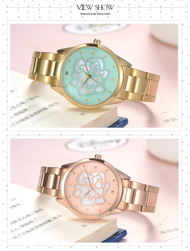 Женские часы бренд disney женские часы Роскошные розовое золото из нержавеющей стали 30 м Водонепроницаемые бриллиантовые женские часы