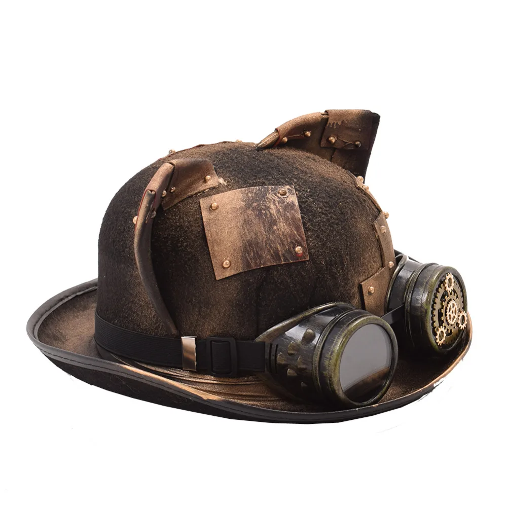 

Steampunk Hat Women Men Retro Gothic Cat Ear Patch Gear Glasses Bowler Topper Billy cock Groom Top Hats Fedora Head wear