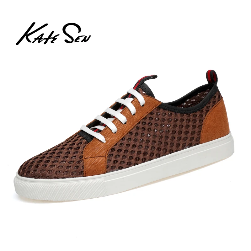 

KATESEN summer men's mesh shoes breathable fashion flat Sneakers leather stitching retro street Non-slip skateboard men's shoes