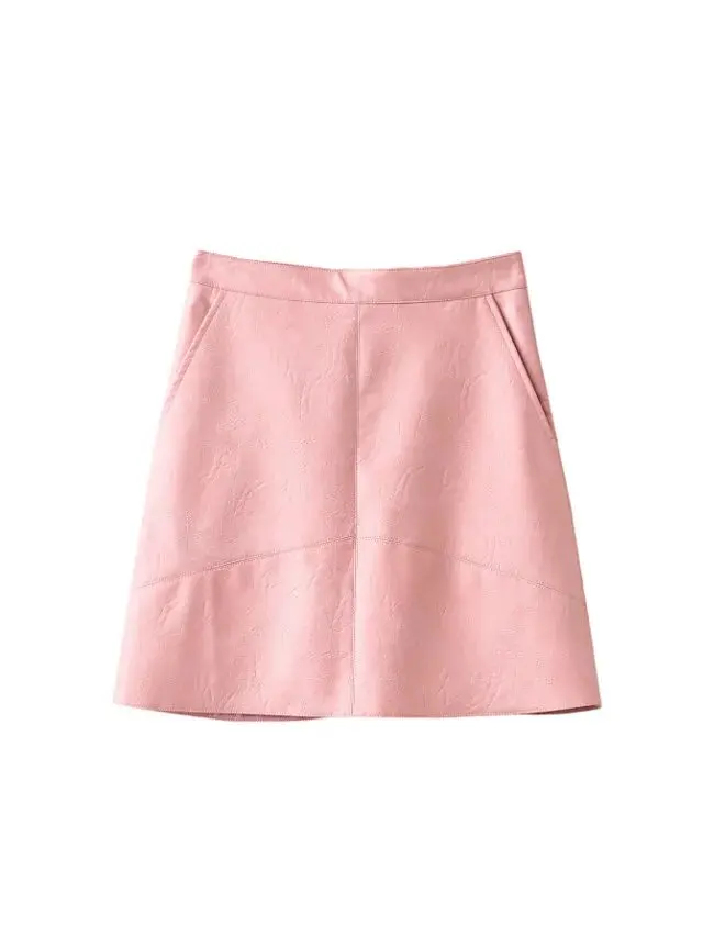 JuneLove юбка из искусственной кожи Женская юбка с высокой талией Женская Розовая Желтая черная мини юбка с молнией сзади - Цвет: B PINK