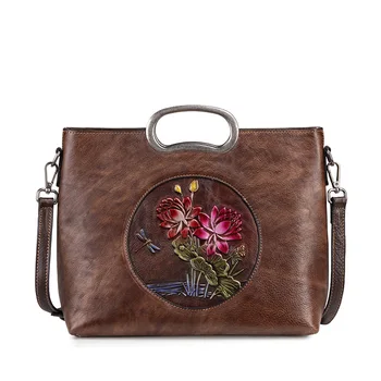 

Women Messenger Shoulder Bags Handle Genuine Leather Embossed Luxury Real Cowhide Ladies Tote Bag Vintage Female Cross Body Bags
