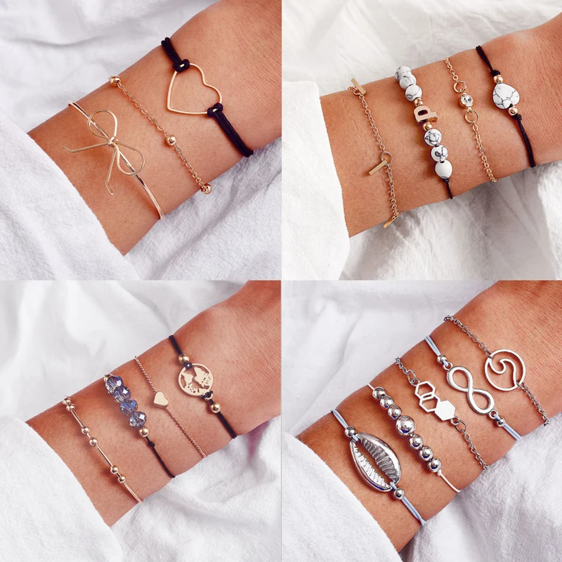 

17KM Vintage Heart Beads Shell Infinite Charm Bracelets For Women Adjustable Multiple Layers Bracelet Set Boho Female Jewelry