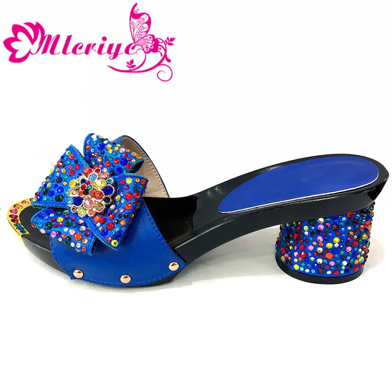 

New Arrival Royal Blue Italian Ladies Sexy low Heels Pumps Rhinestones Latest Design Ladies Pumps African Sandal Shoe for Party
