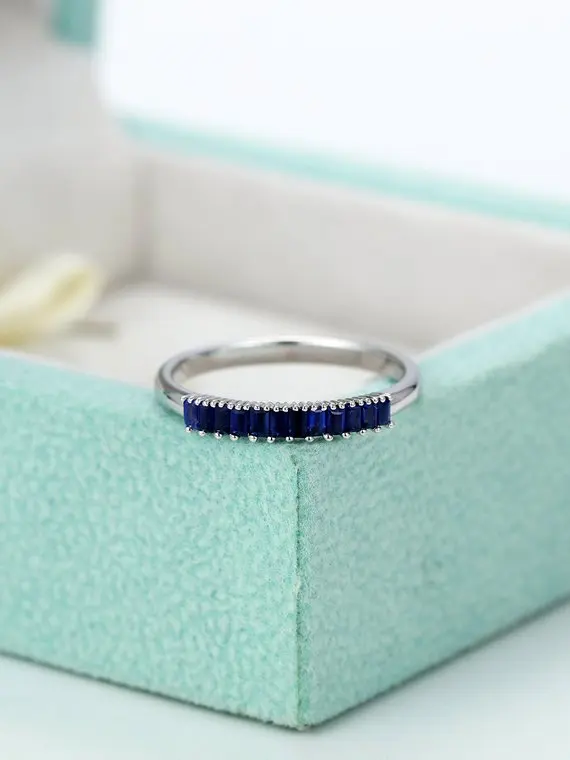 

MYRAY Lab Created Blue Sapphire Wedding Band Ring Solid 14k White Gold Engagement Bridal Stacking Anniversary Gift Women Men Set