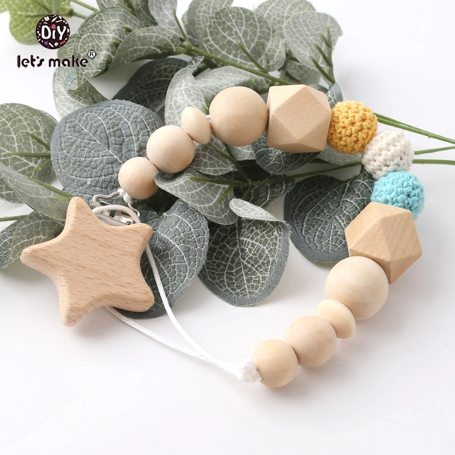 Let's Make Wooden Pacifier Clip Chain Beech Wood Star Metal Dummy Clip Baby Teething Hex Beads And Crochet Beads Holder Sooth