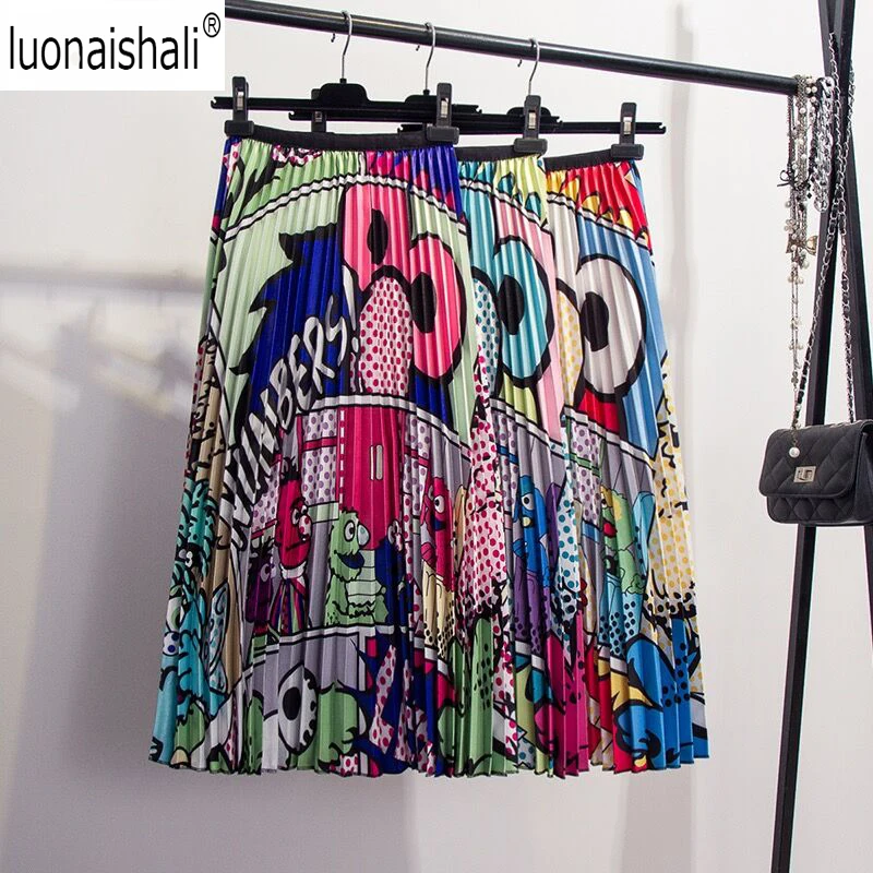 Новое поступление Весна Лето Юбка Женская мультфильм Граффити модная плиссированная юбка Уличная Высокая талия ins юбка