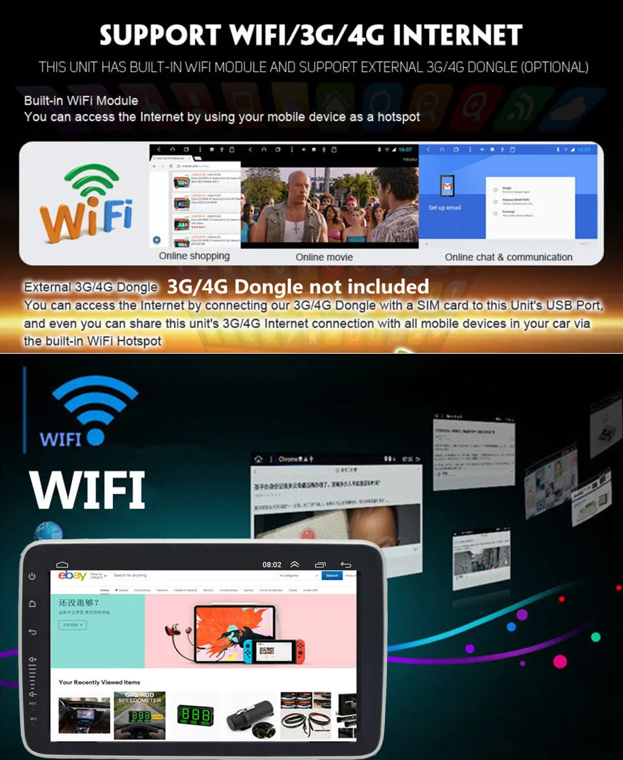 Top Universal 1DIN 9" Android 8.1 Rotatable Touch Screen Quad-core RAM 2GB ROM+32GB GPS Wifi Mirror Link 7