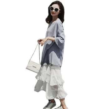 

New Lace Up Dress Women Elegant Fashion Patchwork Fake Two Picese Long Dresses Female Casual O Neck Loose Mermaid Clothing O768