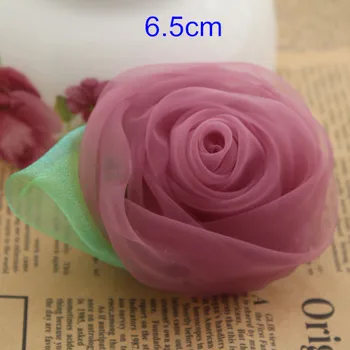 

Free Shipping-6.5cm Voile Flowers With Green Leaf Flat Back Handmade Decorative Flowers For Hair Accessories,Shoes,Garment 10pcs