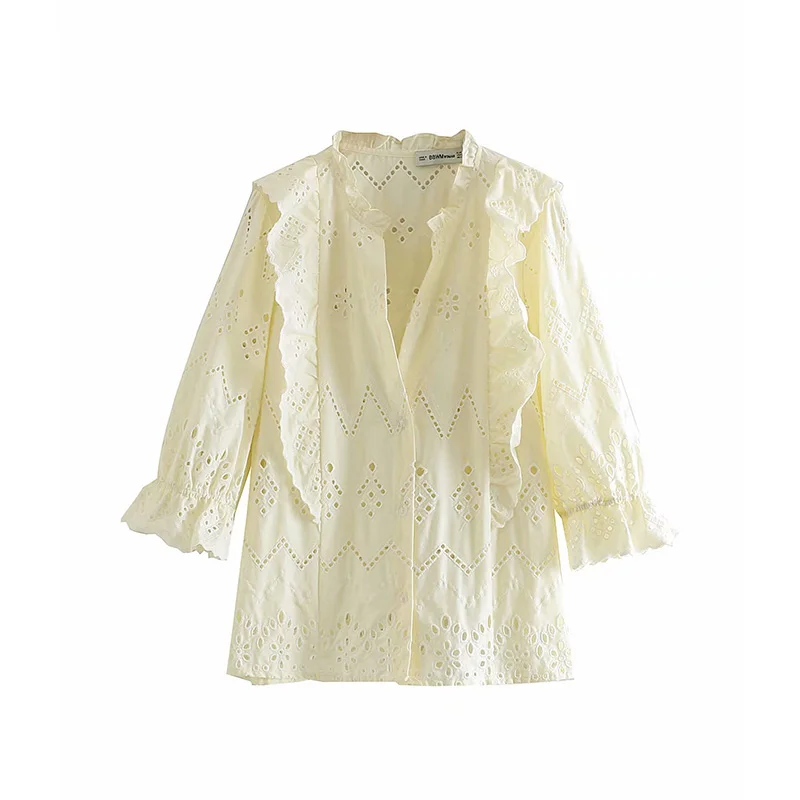 

Fashion Spring Women Shirt Lady embroidery Sleeve Soild Shirt Dress Casual V-Neck Women Hollow Loose Party Clothes