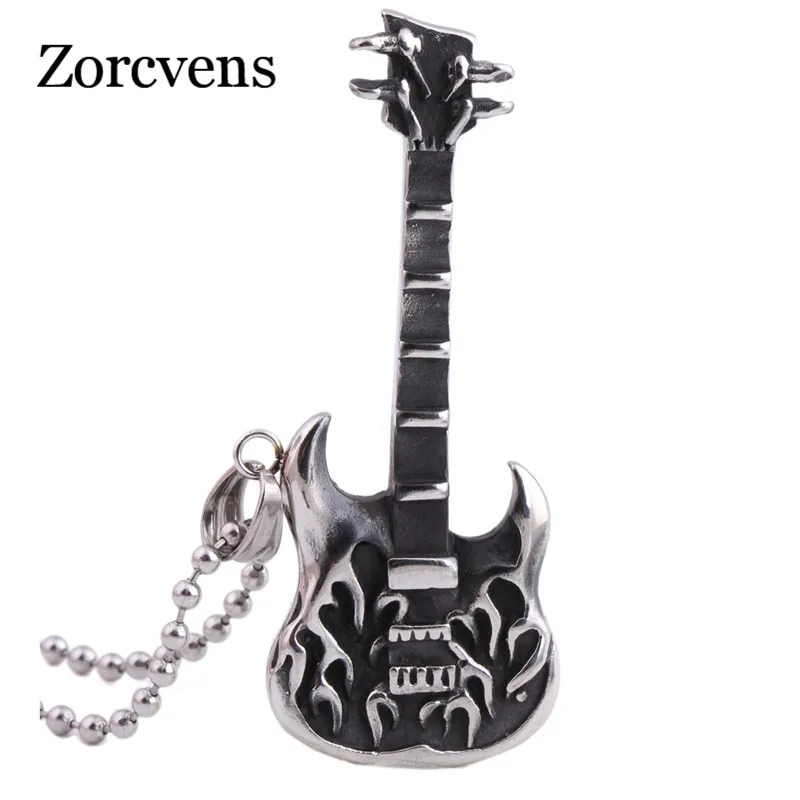 

ZORCVENS Fashion Vintage Mens Jewelry Stainless steel Ball Chain Punk Rock guitar Pendant Necklace
