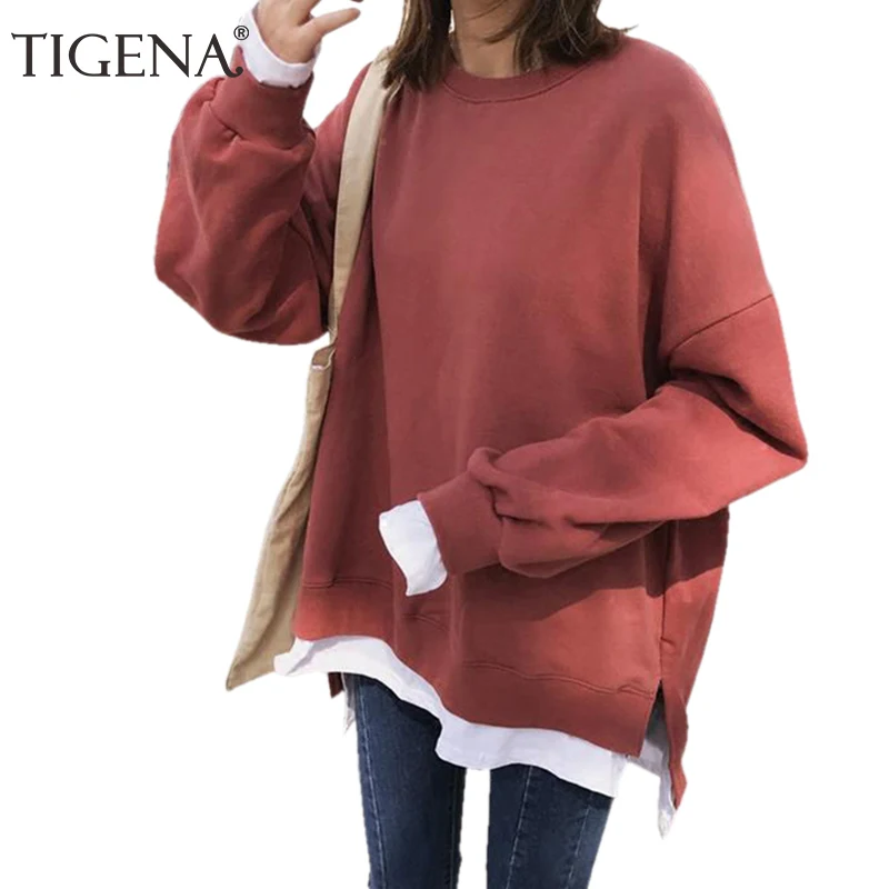 

TIGENA Fake 2 Pieces Hoodies Sweatshirt Women 2019 Korean Style Oversized Loose Warm Velvet Sweatshirt Female Sweat Femme