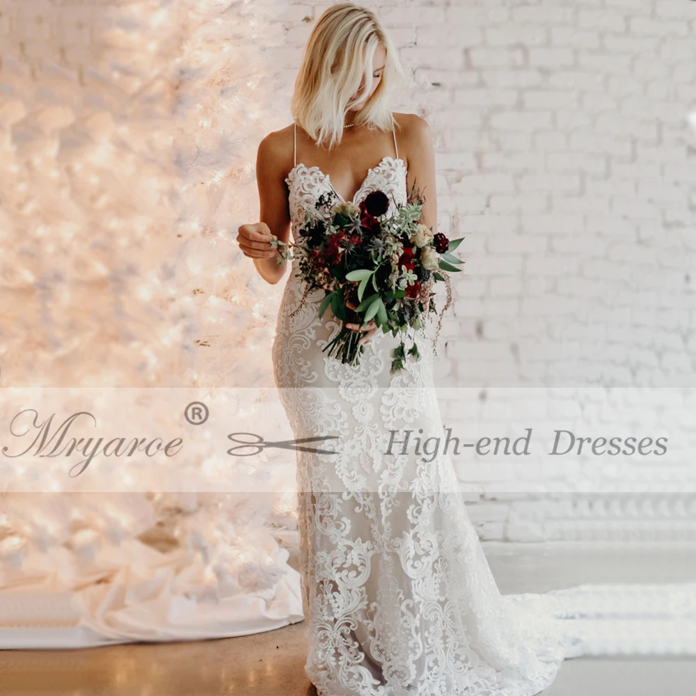 Mryarce 2019 Luxury Exquisite Lace Mermaid Wedding Dress Spaghetti Straps Open Back Bridal Gowns  (4)