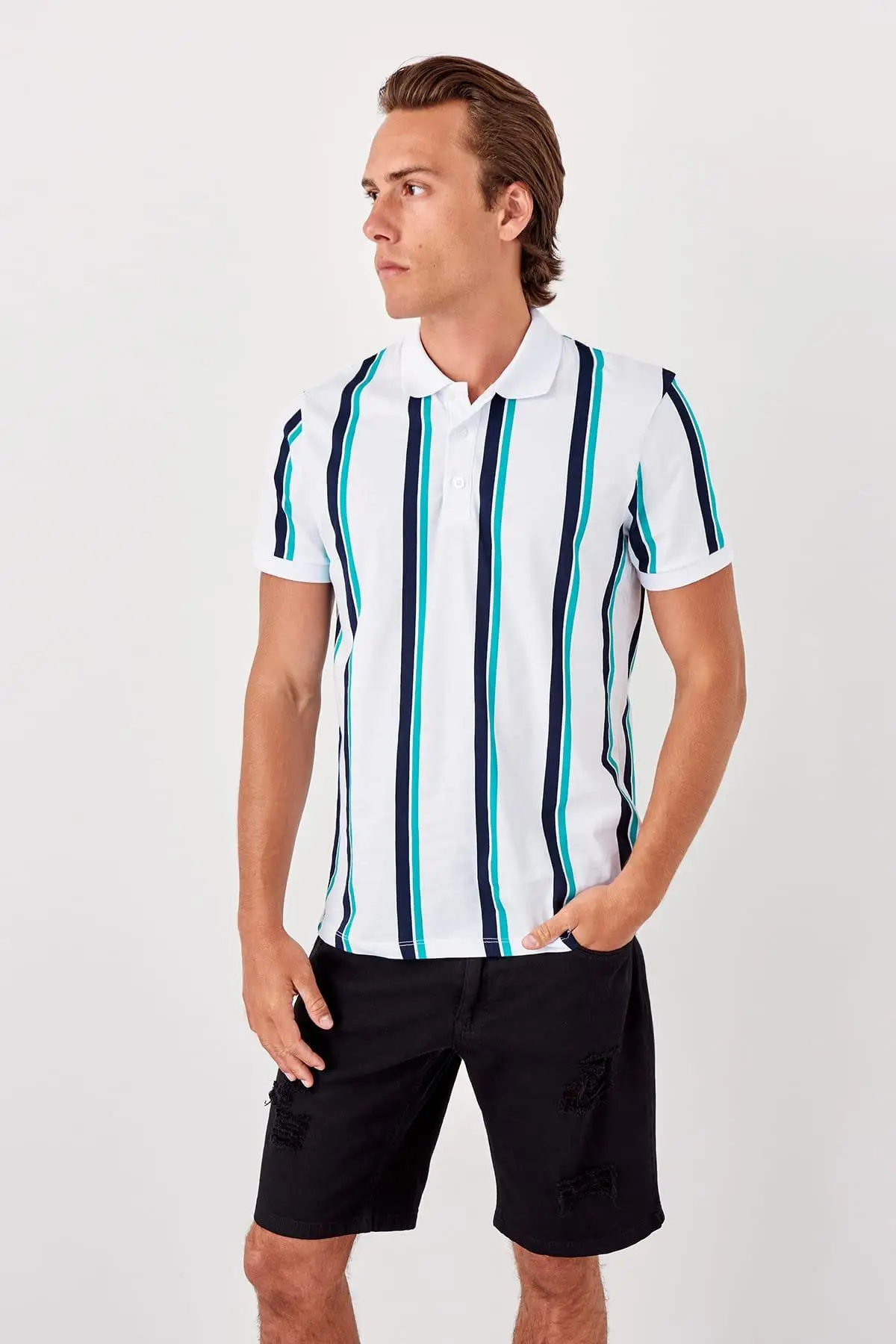 Trendyol белый мужской полосатый новый воротник поло Футболка TMNSS19PO0059 | Мужская