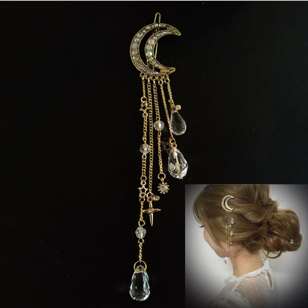 

Retro Crescent Moon Hair Clips Natural Crystal Stone Pendant Precious Women Headwear Tassel Head Clamp Hair Clips Freeshipping
