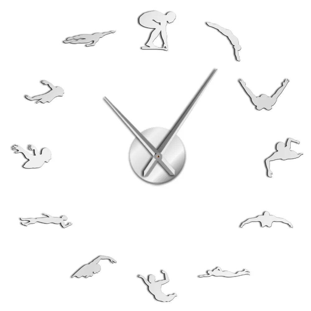 Купальная тема современные DIY большие настенные часы с пловцом зеркальные наклейки номера бассейн стены Художественная декоративная стена часы пловец подарок - Цвет: Silver