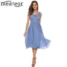 Meaneor Keyhole backless acanalada gasa de la cintura plisada vestido de las mujeres o-cuello sin mangas vestido de fiesta sexy verano vestido niña vestidos