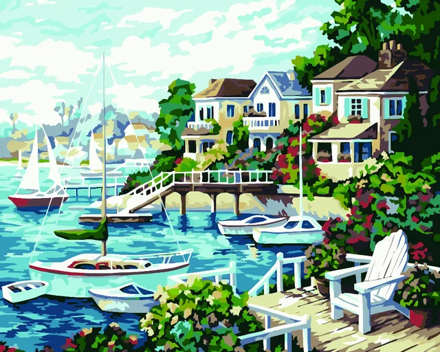 HQ ciudad costera hadas Villa DIY pintura por números regalo para