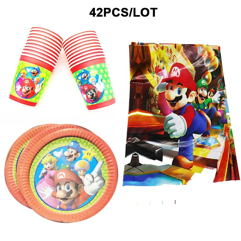 

42pcs Super Mario theme disposable paper plates cups tableware supplies Mario Bros birthday party decorations plastic tablecloth