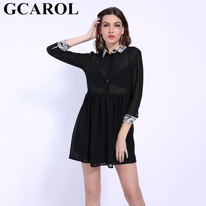 

GCAROL 2019 Early Spring Preppy Style Snake Collar And Cuff Spliced Dress Women Asymmetric Length Translucent Chiffon Dress