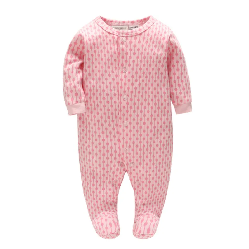 

Picturesque Childhood Newborn Baby Pink Vertical Stripe Dot Print Footies Cotton with Buttons Clothes Infant Casual Outfits