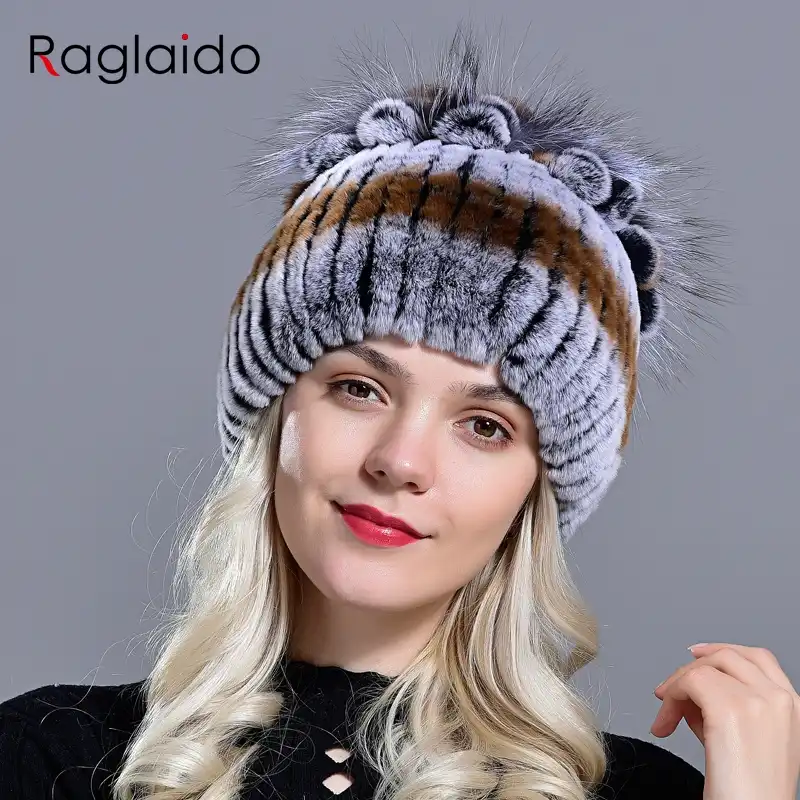 Women Winter Fur Hats Real Rex Rabbit Kniting Cap Princess Warm Snow Fluffy Soft