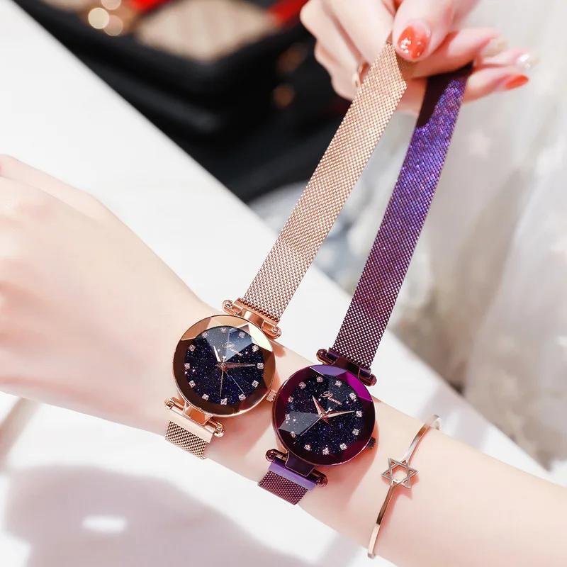 Роскошные Брендовые женские магнитные часы Звездное небо с бриллиантовым циферблатом, женские часы-браслет с магнитной сеткой из нержавеющей стали, наручные часы