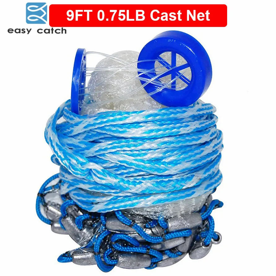 Easy Catch 9 Feet Radius 0.75LB Fishing Cast Net American Heavy Duty Real Lead Weights Hand Throwing Trap With Bucket | Спорт и
