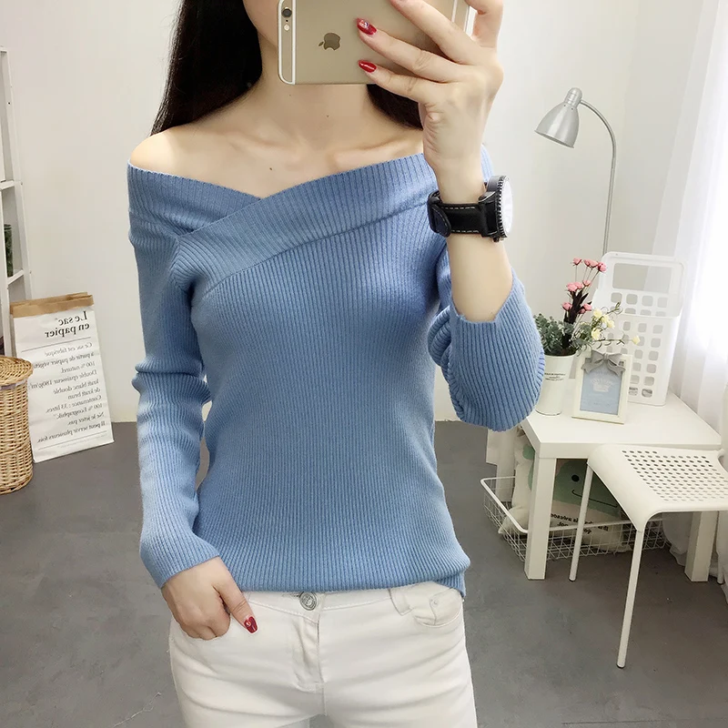 2018 Autumn winter fashion women tops cross V neck tight low shoulder women sweaters and pullovers slim black sweter mujer
