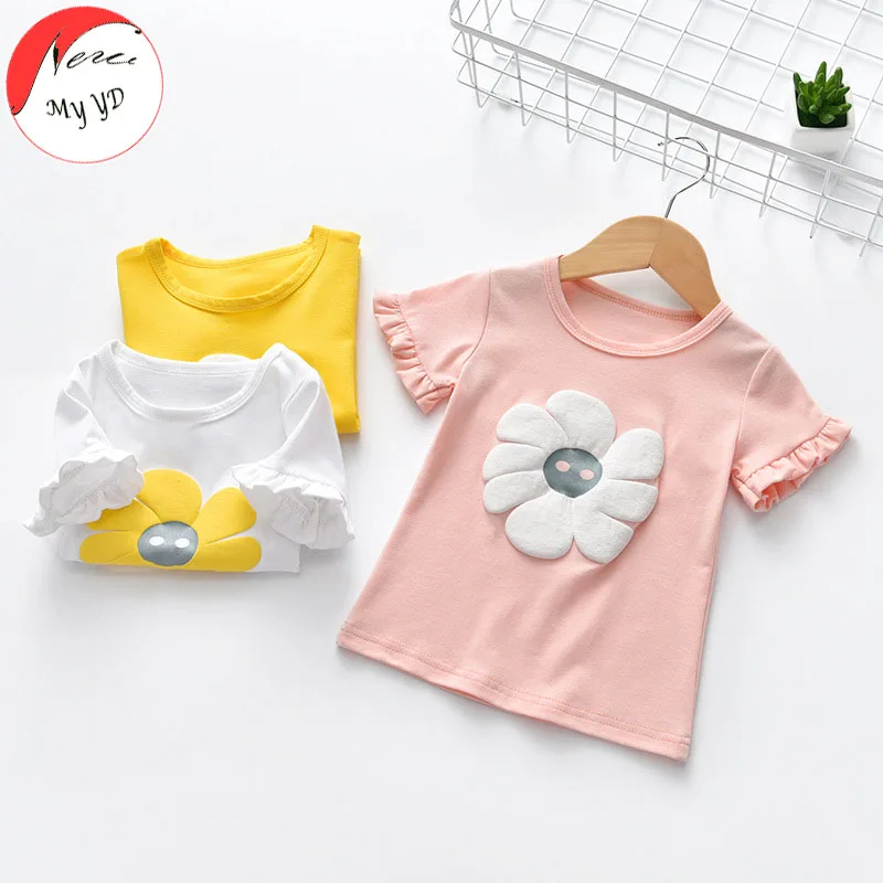 

New 2019 Girls T-shirts Pop Flowers Print Lace Short-sleeved T-shirts Printing Children's Cartoons Clothing Kid's Tops Tee