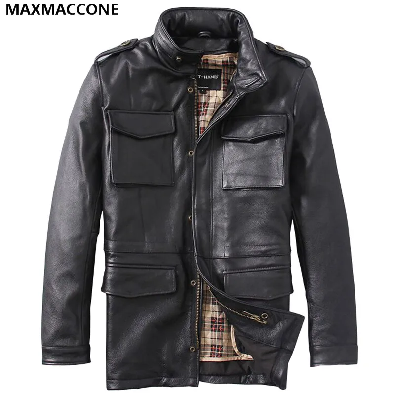 2018 Black Long M65 Genuine Leather Mens Jacket Real Thick