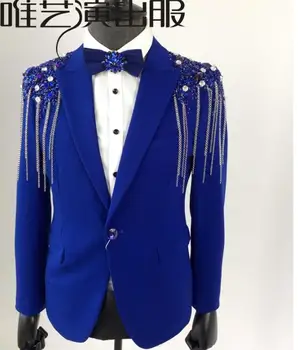 

men suits designs masculino homme terno stage singers men sequin blazer dance chain diamond clothes star style dress punk blue