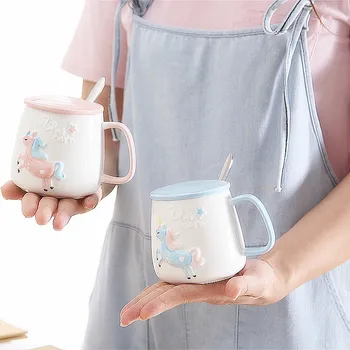 

Creative ceramic cartoon mug with lid spoon,Personality Ceramic Coffee Cup round unicorn Mugs Coffee Tea Milk Cup Drinkware Mug