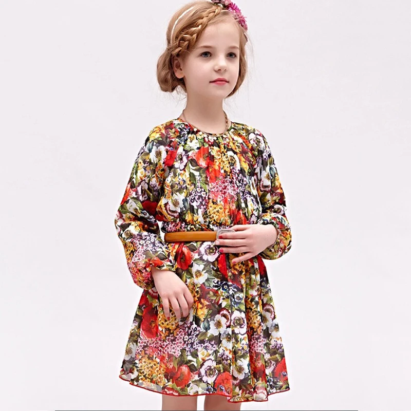 ФОТО 2015 high quality little girl chiffon dress summer style full sleeve floral dresses kids clothes wholesale QT029