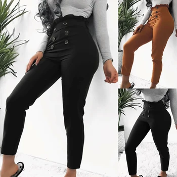 

Women 2019 High Waist Pants Solid Button Slim Pantalon Femme Casual Pencil Pants Women Skinny Trousers Ladies Fashion Streewear