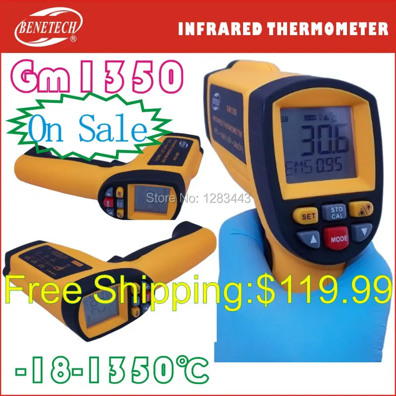 

Free shipping  -18 to 1350 Degrees Brand Digital IR non contact Laser infrared thermometer GM1350 WITH BOX