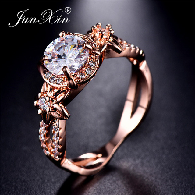 Cute Female Crystal White Blue Green Round Ring Fashion Rose Gold Flower Ring Zircon Stone Engagement Rings For Women