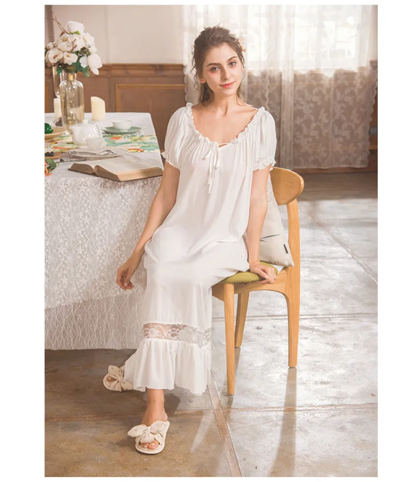 Благородное хлопковое платье для сна, Элегантная ночная рубашка, винтажное длинное платье с коротким рукавом, белое Ночное платье, домашняя одежда для женщин