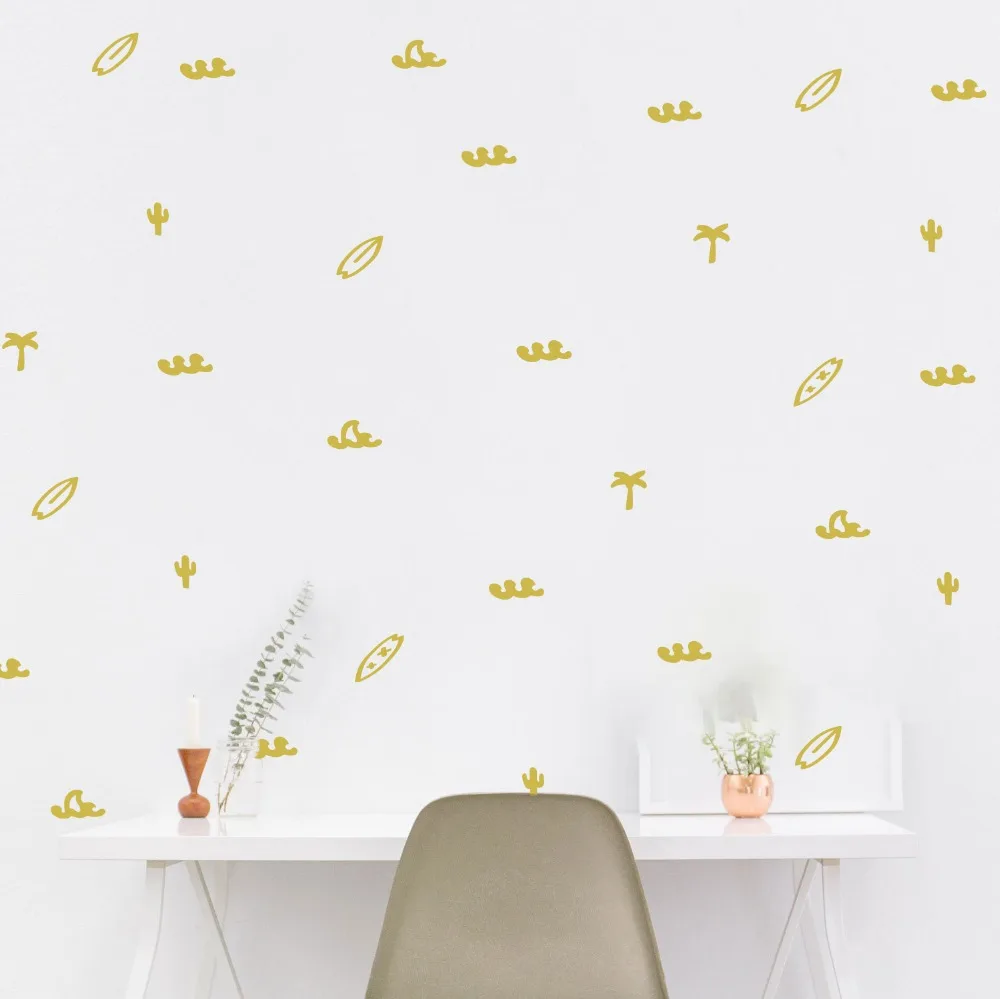 Surf Pattern Palm Tree Whale Wave Surfboard Cactus Wall Decal Kids Room Nursery Cartoon Surfing Summer Beach Wall Sticker Vinyl  (3)