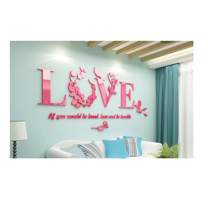 Винтажная роза Дизайн 3D акриловая Наклейка на стену любовь тема свадебные украшения комнаты обои 1 шт. Декор для спальни DIY стикер на стену s - Цвет: pink   Horizontal