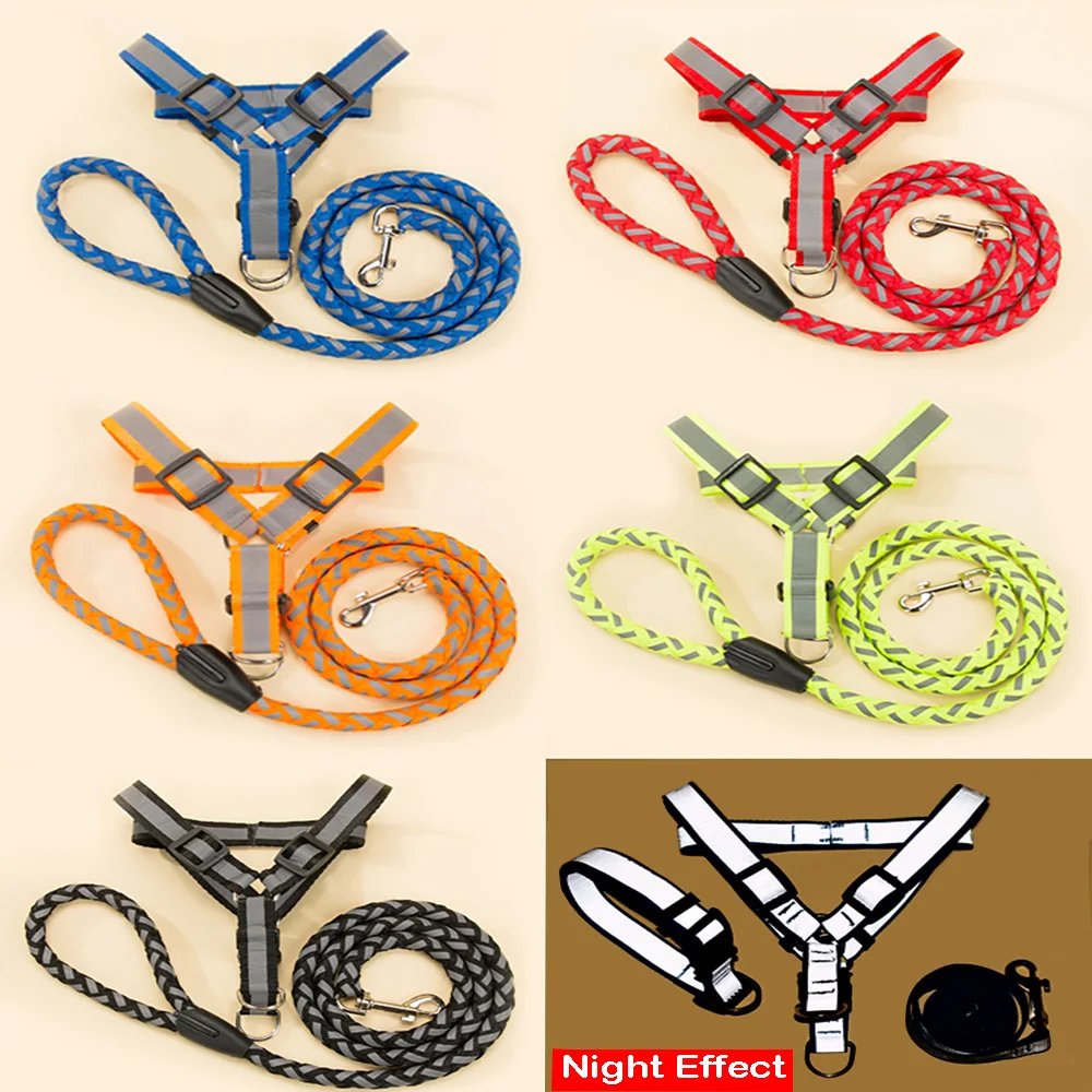 

Hipidog Step-in Adjustable Reflective Nylon Noctilucent Small Large Dog Puppy Collar Harness Leash Lead Set Safety for Walking
