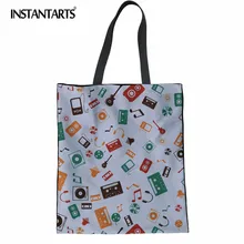 INSTANTARTS женская льняная сумка с мультяшным музыкальным рисунком, Складная прочная Холщовая Сумка для покупок для девушек, женская модная тканевая сумка