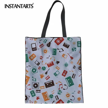

INSTANTARTS Cartoon Music Pattern Women Linen Tote Bag Foldable Durable Canvas Shopping Bag for Girls Ladies Fashion Cloth Pouch