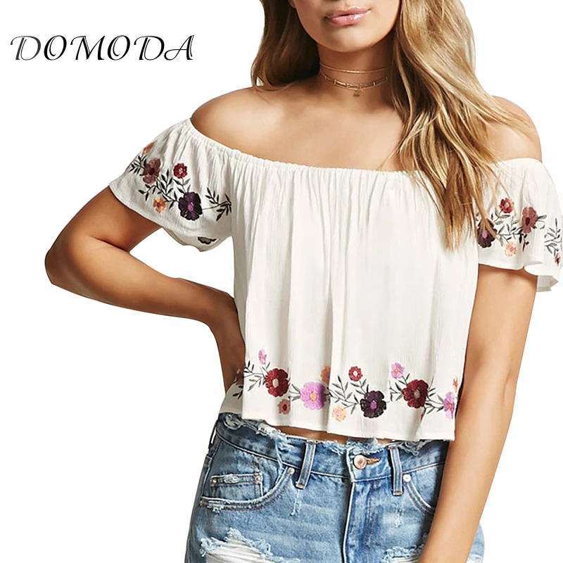 DOMODA Woman Bohemian Style Slash Neck Floral Embroidery Blouse Off Shoulder Short Sleeve