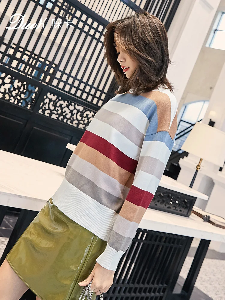 Women Colorful Striped Casual Sweater Winter Fashion  Long-sleeve Sweater Warm Pullovers Female Winter knit Sweaters CGM18198