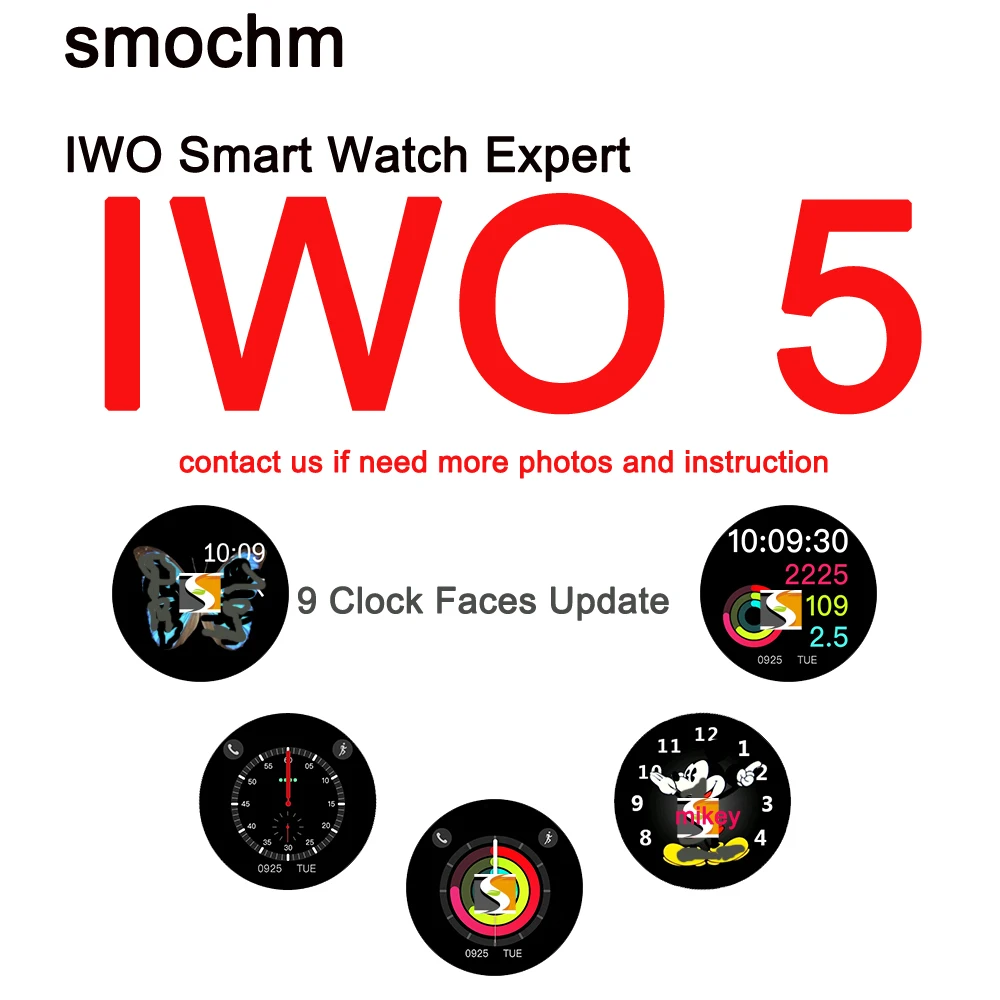 

Smochm Bluetooth Smart Watch IWO5 Sports Watch Wireless Charging Replacable Straps MTK2502C Chip Micphone Watch For IOS Android